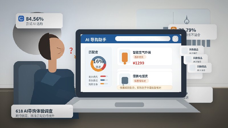 图表显示AI导购精准度仅为16.06%，同时提及上海消保委对电商算法的批评，背景为618消费者调查报告数据