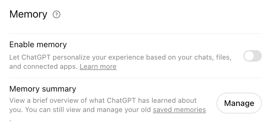 ChatGPT全局设置中的Memory开关位置