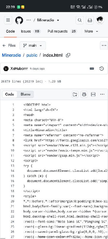 GitHub 项目 Mineradio 界面，展示大量代码和 Star 数