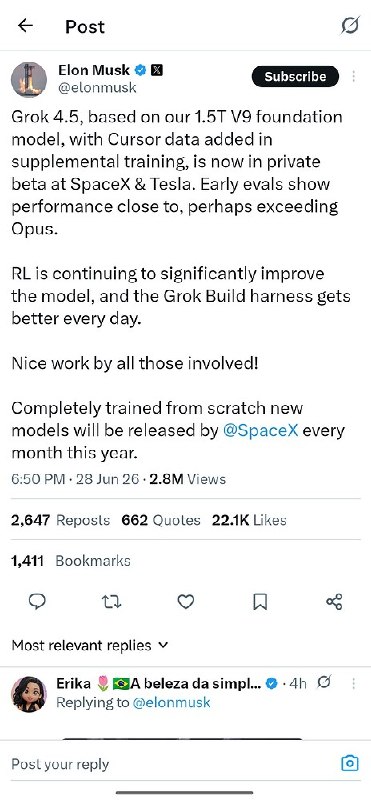 马斯克称今年 Space X 每个月都会发布从头训练的新模型 Elon:Grok 4.5，基于我们的 1.5T V9 基础模型，并在补充训练中加入了 C