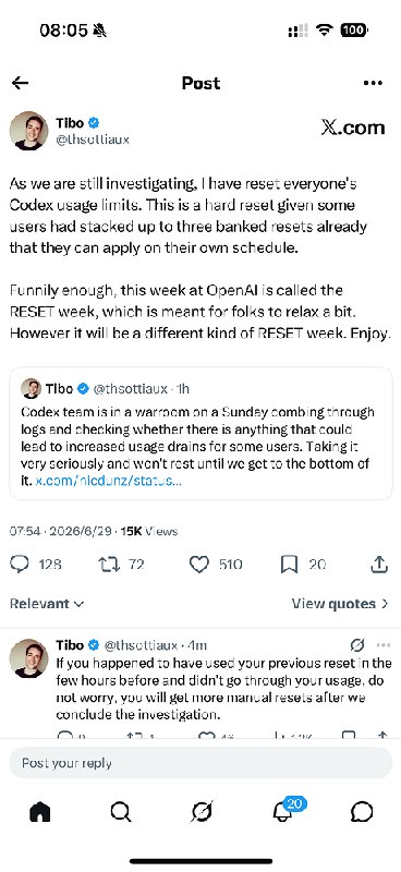 Codex额度显示强制重置的截图