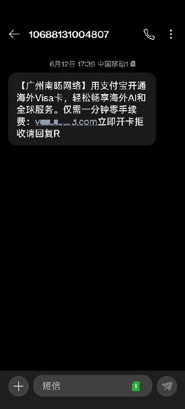 Vellet虚拟卡推广短信截图
