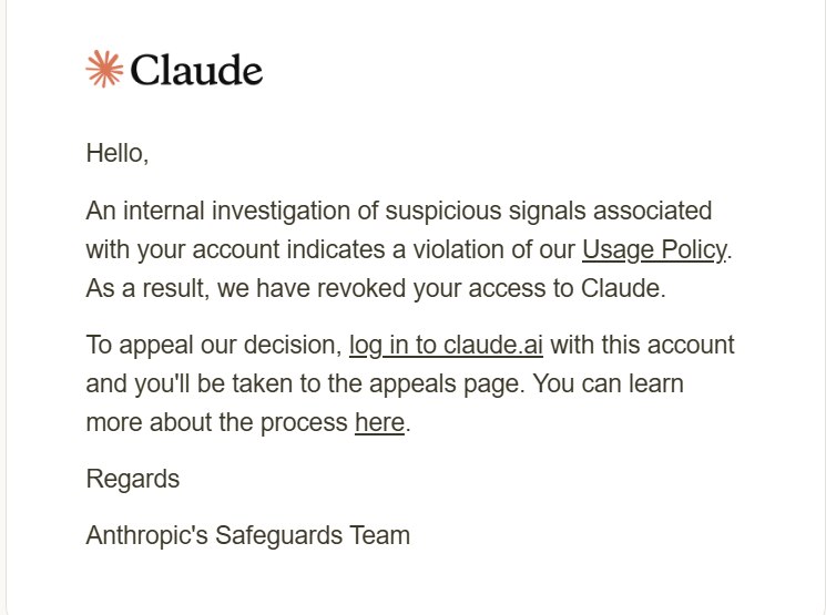 用户收到Claude封号邮件的截图