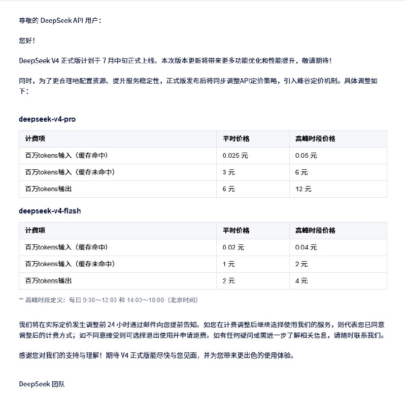 DeepSeek v4 Pro 7月份涨价通知