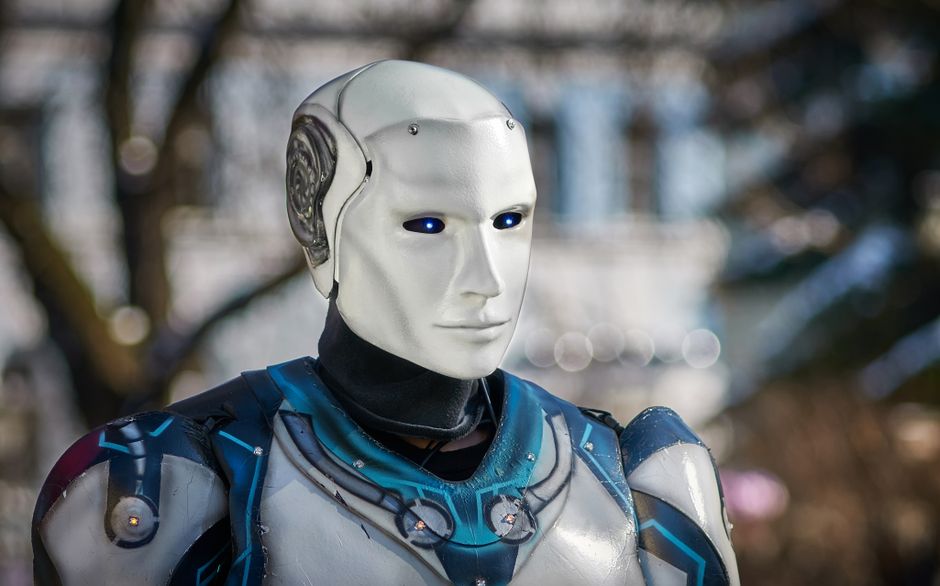 Futuristic humanoid robot in a domestic setting