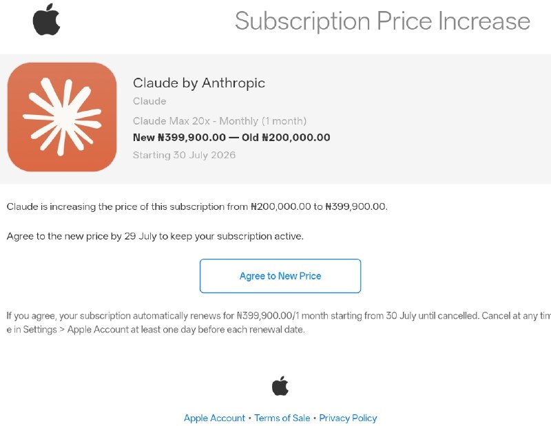 Claude续费账单显示高达40万奈拉