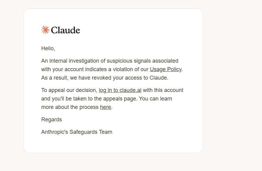 Claude账号被禁用提示截图